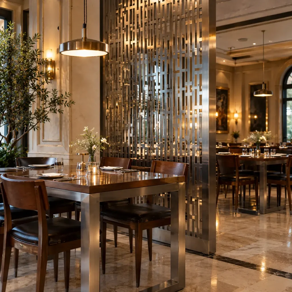 استیل در طراحی داخلی کافه و رستوران؛ ایده‌های پارتیشن، میز و نورپردازی